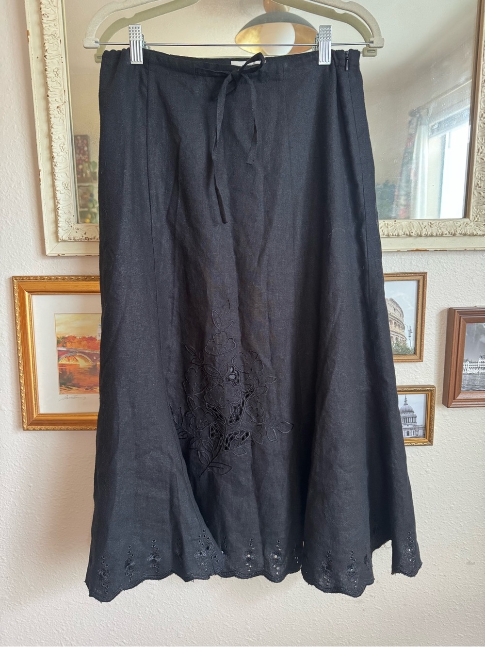 Black A-Line Linen Blend Skirt with Embroidered Detail